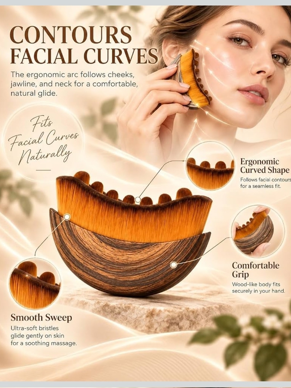 Ergonomic Facial Contour Brush - Brown Wood-Grain Finish